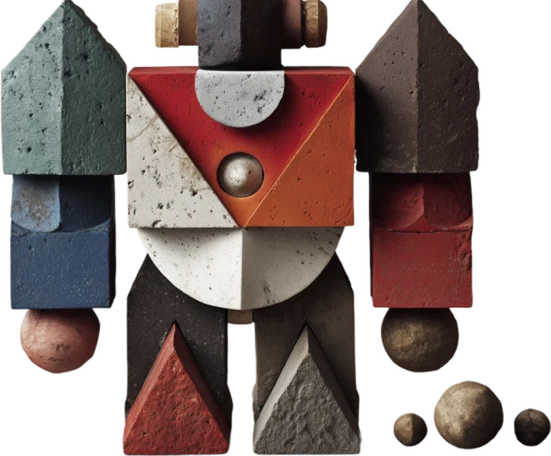 Geometric robot sculpture made of stone blocks
