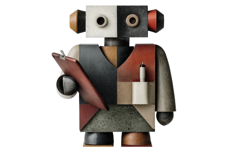 Robot clerk with clipboard and stylus